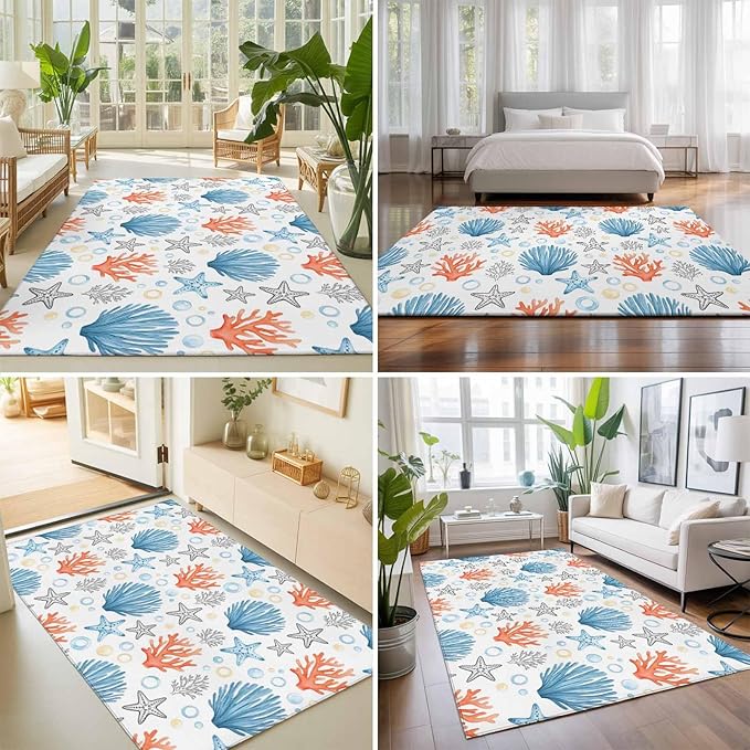 Area Rug 3x5ft, Coastal Starfish Shell Coral Washable Rugs for Living Room Bedroom, Ocean Bubble Blue Black Orange Soft Non-Slip Area Rugs Rectangle Floor Carpet for Dining Room