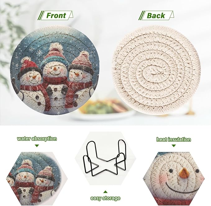 YETTASBIN Christmas Snowman 6 Pcs Drink Coasters with Holder, Cotton Woven Absorbent Heat-Resistant Round Coaster Set Tabletop Protector for Kitchen Bar Home Decor Housewarming Gift, 3.9 in