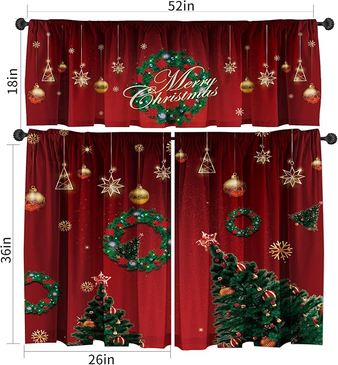 Christmas Valances Curtain Set - Red and Green Christmas Tree and Wreath Pattern, Rod Pocket 3 Panels for Kitchen Bedroom Bathroom Window Decor