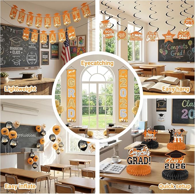 Orange 2026 Graduation Party Decor Kit-Includes Backdrop, Banner, Balloons, Hanging Ornaments & Honeycomb Decorations for Class of 2026 -Full Set for High School and University Graduation Events