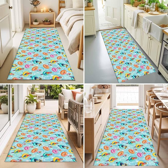 Runner Rug for Bedroom Hallway, Summer Pool Float Swim Rings Kitchen Runner Rugs Area Rug 2x6ft, Tropical Flamingo Birds Washable Soft Floor Carpet for Entryway Stair
