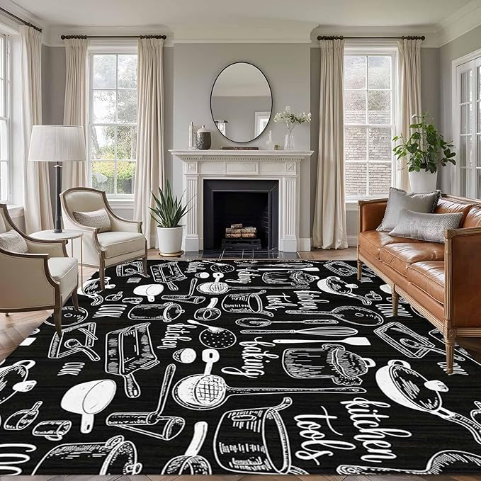 Black Kitchen Tools 8x10 Area Rugs, Modern Cooking Utensil Non-Skid Rubber Backing Large Rectangle Rugs - Living Room Bedroom Home Office, Farmhouse Cookware Indoor Floor Mat Carpets Washable Rug