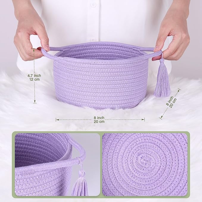 Small Purple Basket, Cute Woven Gift baskets Empty with Cellophane Wrap set for Girl, Decorative Cotton Rope violet Container Bin, Little Makeup Holder for Bathroom, Vanity, Cosmetics – lavender