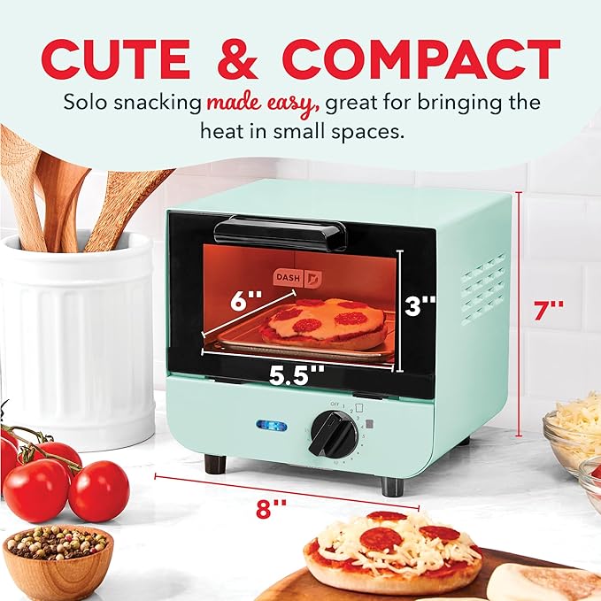 Dash Mini Toaster Oven - Sleek & Stylish - For Creative Homemade Treats - Compact, Space-Saving Design - adjustable temperature dial - Removable Baking Tray - Aqua