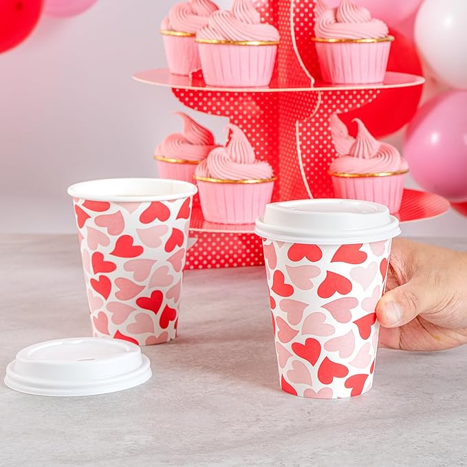 Restaurantware-Restpresso 12 Ounce Disposable Coffee Cups, 20 Valentine’s Day Cups With Plastic Lids - Red And Pink Heart Print, Rolled Rim, Paper To Go Cups, Single Wall, Serve Hot And Cold Drinks