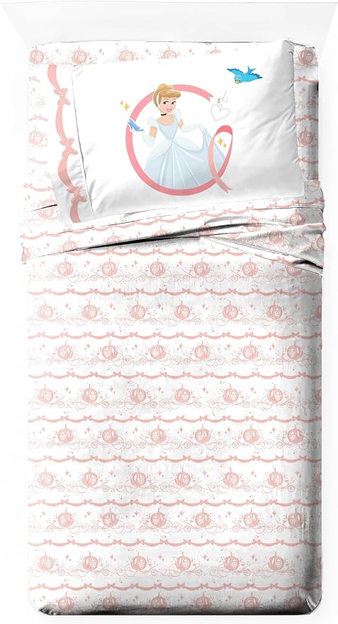 Jay Franco Kids Sheet Set with Fitted, Flat Sheets & Pillow Cover - Ultra-Soft Bedding with Pillowcase for Room Decor, White - Princess Cinderella, 3 Piece Twin