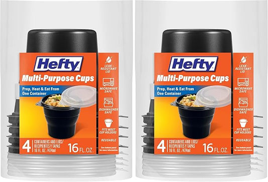 Hefty Multi-Purpose Cups, Reusable Containers with Lids, 16 Ounce Capacity, 4 Count (Pack of 2)