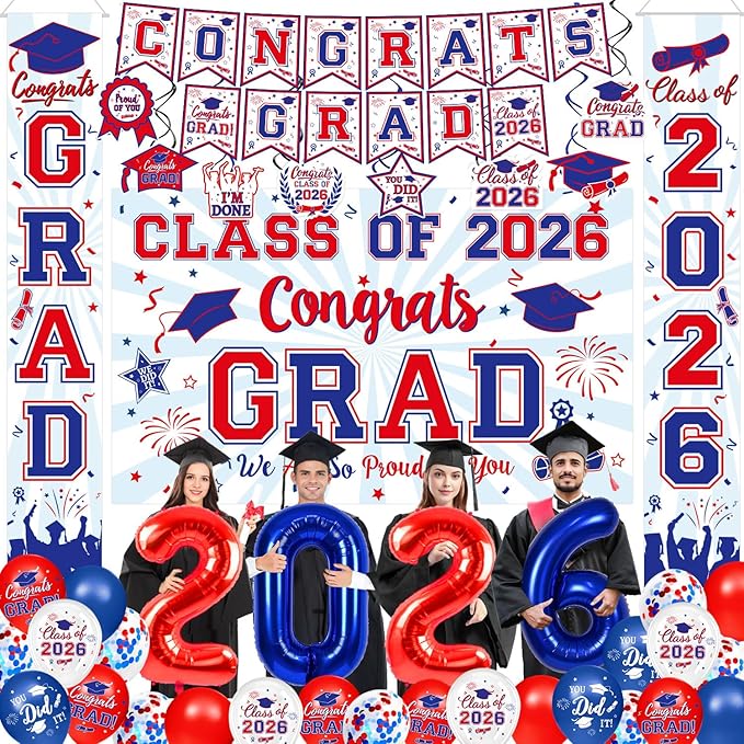 Graduation Decorations 2026 - Red and Blue Graduation Party Supplies Congrats Grad Backdrop & Banner, Hanging Swirls, Porch Sign, Balloons for High School & College Celebrations
