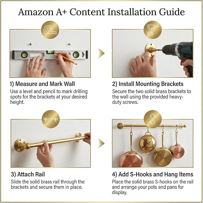 Unlacquered Solid Brass Pot Rail with S Hooks – Wall Mounted Pot Rack Rod for Pots & Pans, Kitchen Organizer, Vintage Brass Hanging Rail (88 inch (26 S-Hooks))