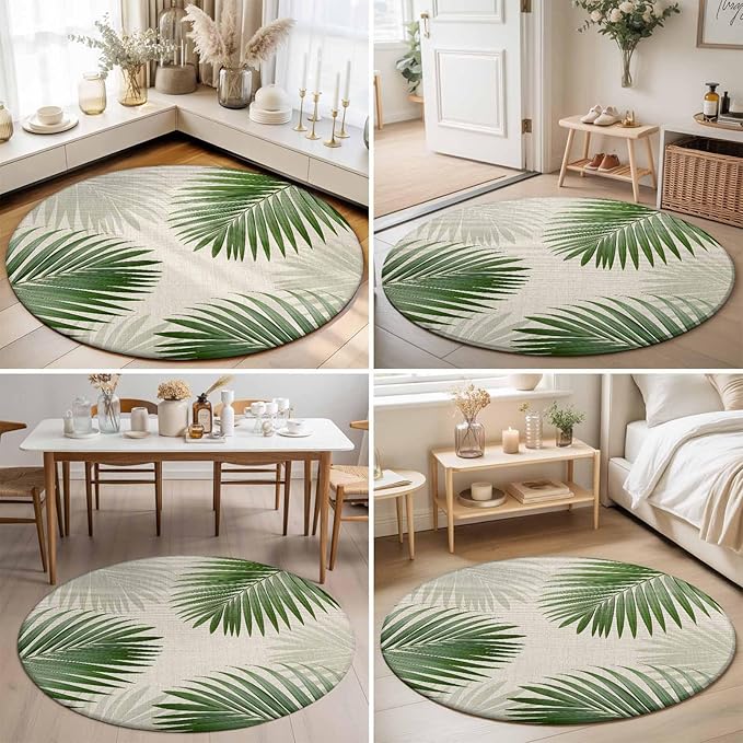 Washable Round Area Rug Rustic Sage Green Palm Leaves on Linen Circle Rugs Floor Carpet for Living Room Bedroom, Summer Plants Soft Non Slip Round Rug 3ft
