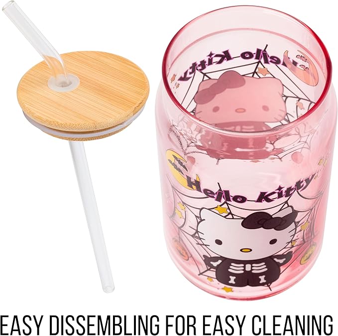 Silver Buffalo Sanrio Hello Kitty Halloween Spooky Skeleton Costume Pink Lavender Glass Jar Tumbler with Bamboo Lid and Glass Straw, 16 Ounces
