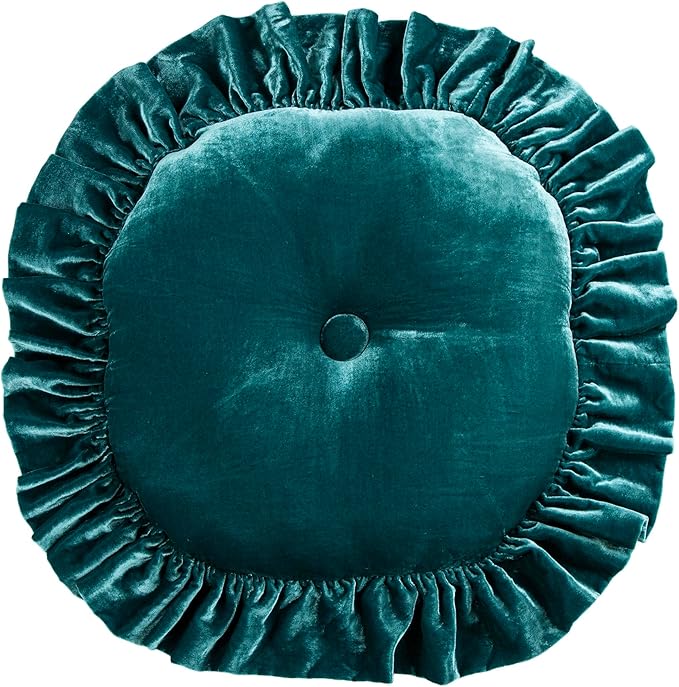 HiEnd Accents Stella Faux Silk Velvet Round Ruffled Pillow, Teal, Romantic Western Modern Traditional Style Luxury Bedding, Decorative Throw Pillow