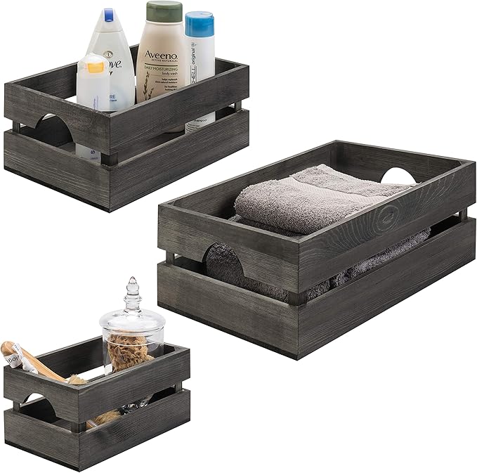 MyGift Rustic Gray Solid Wood Storage Organizer Box with Handle, 3 Piece Various Size Decorative Nesting Crate