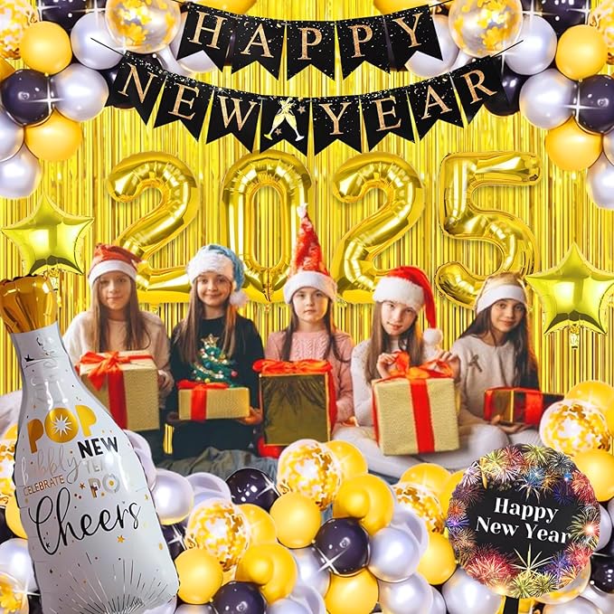 New Years Eve Party Supplies 2025, 69 PCS Kit: Gold & Black Balloons, Banners, Curtains & More for New Year Celebration