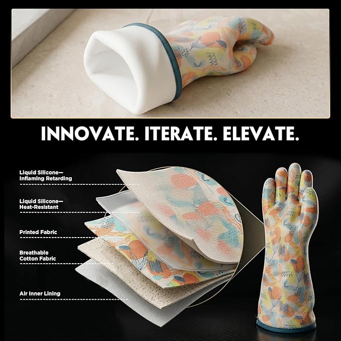 Liquid Silicone Gloves Food Grade Heat Resistant Waterproof Breathable for Baking Cooking Grilling Graffiti-Art Printing Large