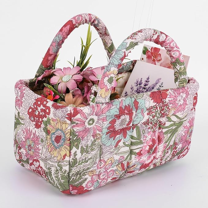Quilted Fabric Storage Basket Floral Baby Diaper Caddy Quilted Basket for Nursery Bedroom Car Storage