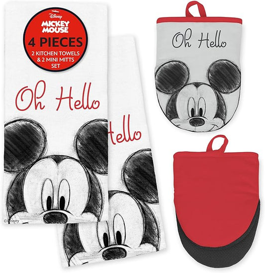 Disney Kitchen Towels & Oven Mitts Set – 4 Piece Bundle with 2 Cotton Dish Towels/Hand Towels & 2 Heat Resistant Mini Oven Mitts (Pot Holders) – Absorbent Kitchen Décor Gift Set–Mickey, Stitch & Pooh