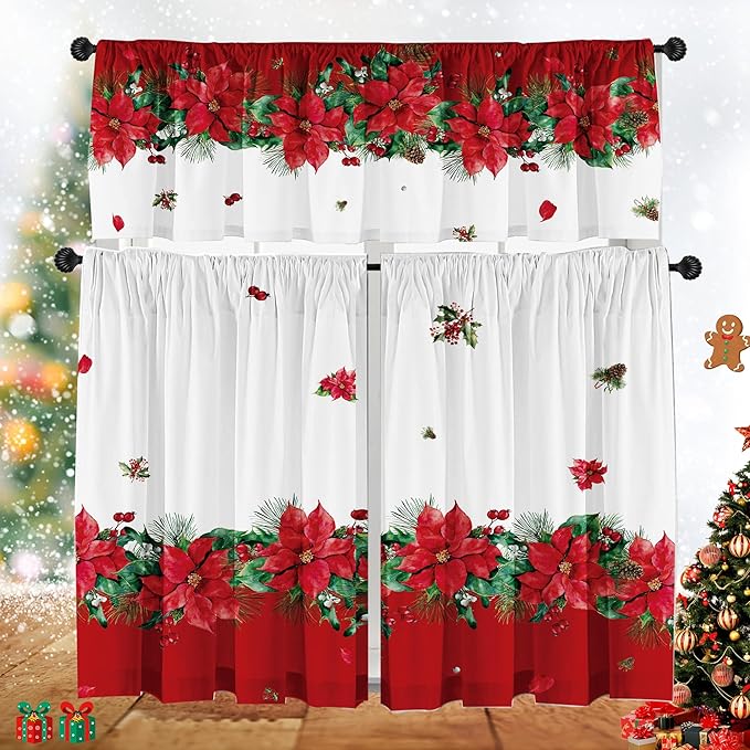 Christmas Poinsettia Curtain Valances Set of 3 Panels,Red,White&Green Rod Pocket,Festive Decor for Kitchen Bedroom, Bathroom,Laundry,52x18 Inch + 2x36x26 Inch