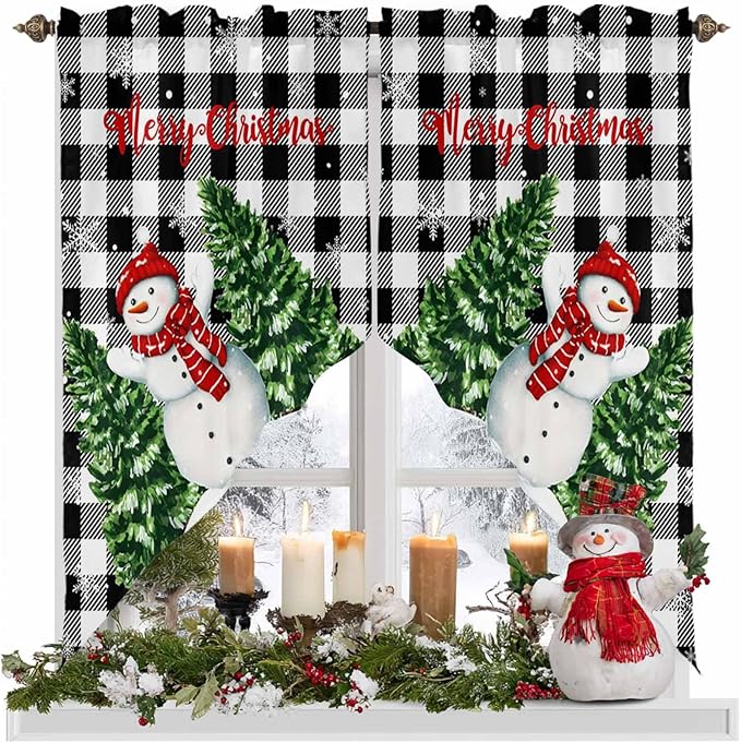 Christmas Tree Snowman Swag Valance Curains Winter Snowflake Black Buffalo Plaid Rod Pocket Kitchen Curtains Scalloped Window Treatment Valances Swag for Living Room Bedroom, 1 Pair, 28"W x 36"L