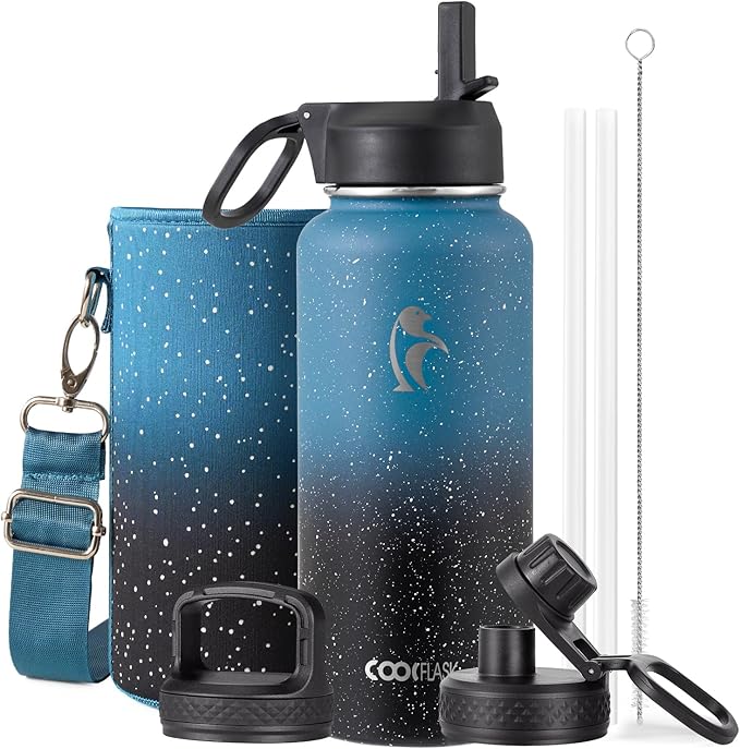 Coolflask Water Bottle 32 oz Insulated with Straw, Stainless Steel Metal 3 Lids Water Flask Wide Mouth for Sports or Office, Non-BPA Keep Cold Up to 48 Hrs or Hot Up to 24 Hrs, Turquoise
