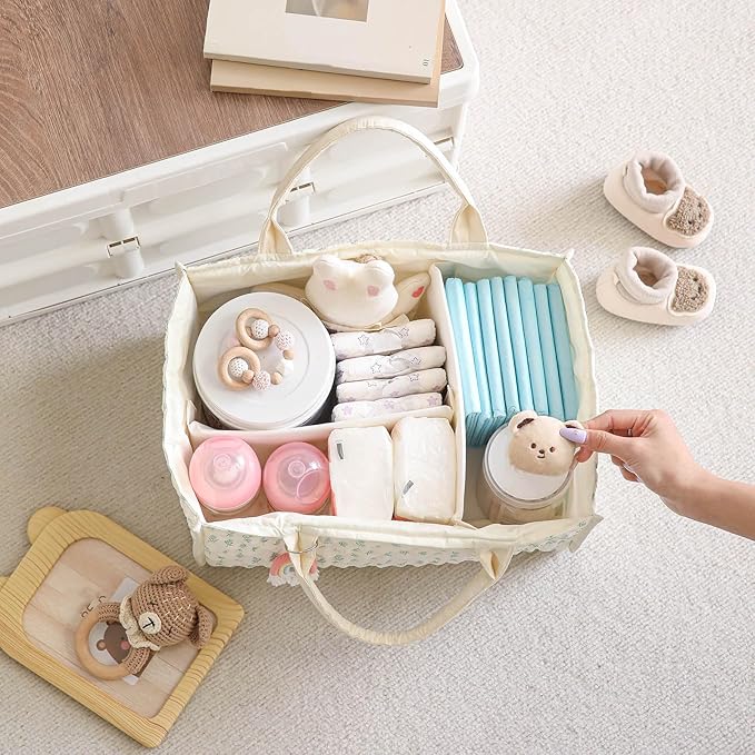 Quilted Fabric Storage Basket Floral Baby Diaper Caddy Quilted Basket for Nursery Bedroom Car Storage (L- Green)