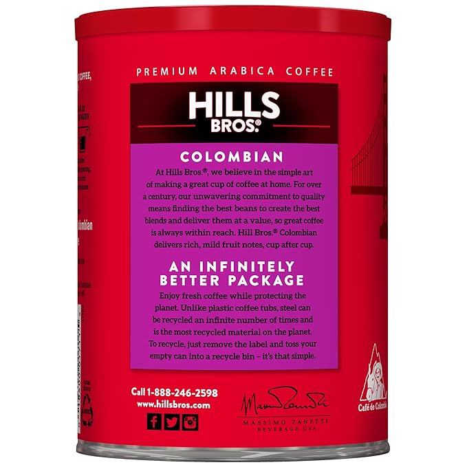Hills Bros. Colombian Ground Coffee – Premium Arabica Coffee Beans – Dark Roast, Rich Flavor Cup After Cup – Recyclable Steel Can for Freshness – Certified Kosher – 10.3oz Can, Pack of 6