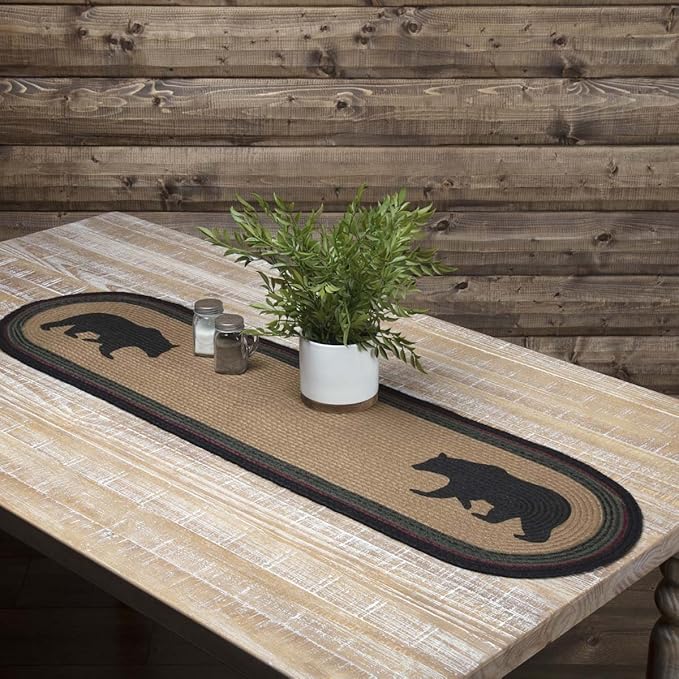 VHC Brands Dark Tan Rustic & Lodge Tabletop & Kitchen Wyatt Bear Stenciled Oval Jute Bedding Accessory, Runner 13x48, Brown