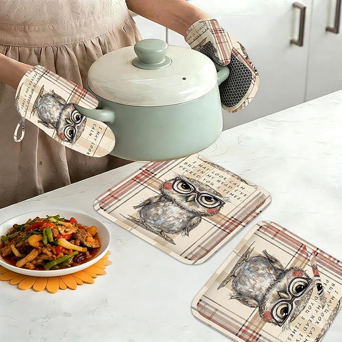 Funny Owl with Sunglasses Oven Mitts and Pot Holders Sets of 4, Heat Resistant Vintage Plaid Silicone Oven Mitts Gloves Non-Slip Kitchen Mittens Potholders for Cooking Baking Grilling BBQ