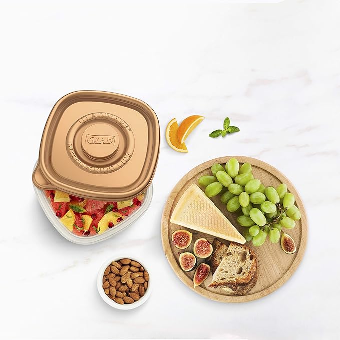 Glad GladWare Home Collection Tall Entree Food Storage Containers with Copper Metallic Lids, Large Square No BPA Plastic for Meal Prep and Lunches, Lock Tight Seal, 42 Oz, 3 Count - 6 Pack