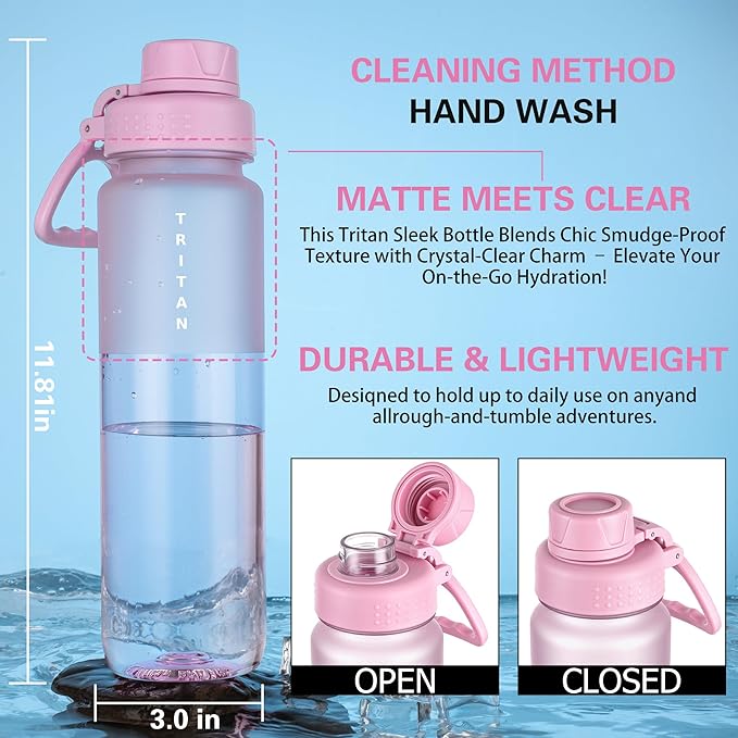 OLDLEY 32oz Frosted Clear Water Bottle, BPA-Free Tritan Plastic Reusable Water Bottle with Fast-Flow Spout Lid, Wide Mouth Leakproof Sports Drinking Bottle for Gym, School, Office, Travel,Pink