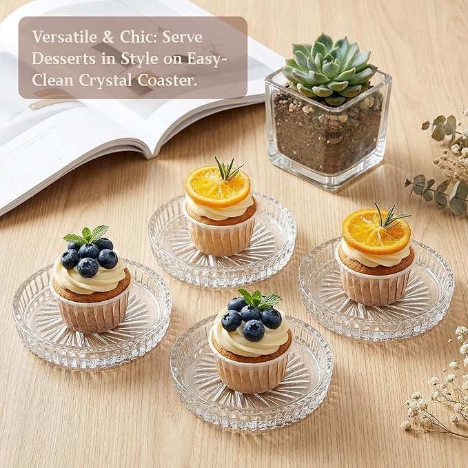 AVLA 8 Pack Crystal Drink Coasters, Glass Round Cup Mat, Clear Decorative Wine Bottle Coasters Barware Set for Table Protection of Home Kitchen, Dining Room, Patio, Coffee Shop, 3.75", Carved Design