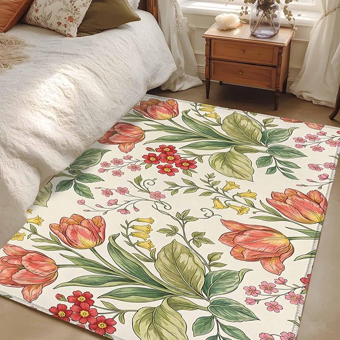 Area Rug 4x6ft, Vintage Tulips Red Daisies Washable Rugs for Living Room Bedroom, Yellow Blooms Floral Pattern Soft Non-Slip Area Rugs Rectangle Floor Carpet for Dining Room