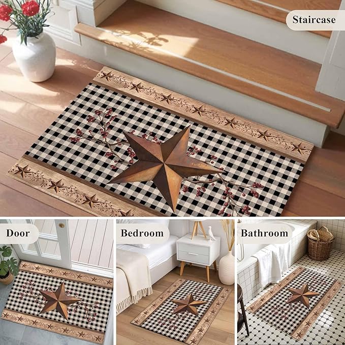 Brown Texas Star Retro 2x3 Door Mat Rug, Country Star Non-Skid Rubber Backing Large Rectangle Rugs - Living Room Bedroom Home Office, Black White Plaid Wooden Indoor Floor Mat Carpets Washable Rug