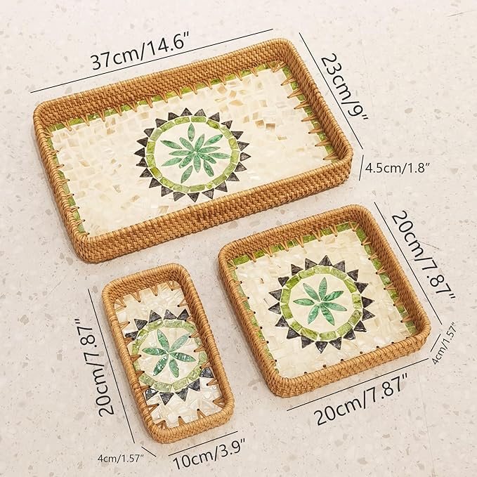 i-lan 15" Rattan Tray Set of 3, Rectangular Mother of Pearl Decorative Tray, Green Geometric Woven Nesting Trays for Serving, Boho Home Decor for Vanity, Entryway, Living Room & Kitchen