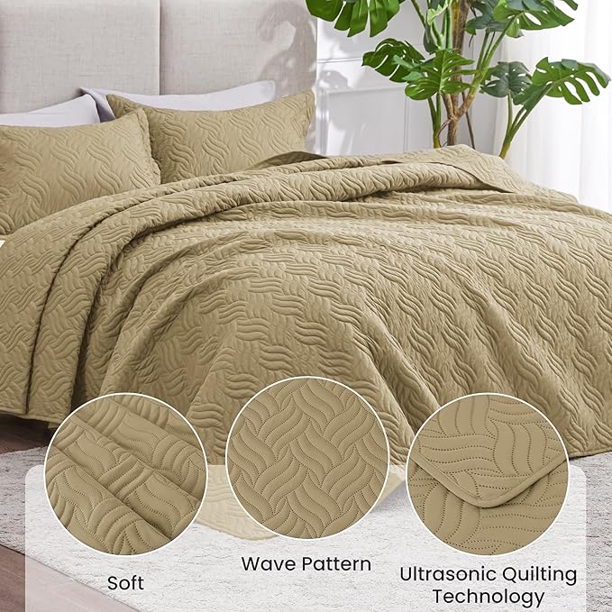 Love's cabin Quilts for Full Bed Camel Bedspreads Bedding Set - Lightweight Bedspread Comforter - Wave Pattern Bedding Coverlet for All Season - 3 Pieces (1 Quilt, 2 Pillow Shams)