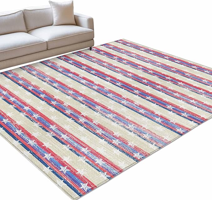 Area Rug 9x12ft, American Star Stripe Washable Rugs for Living Room Bedroom Rectangle Floor Carpet, Retro Independence Day Theme Soft Non-Slip Area Rugs for Dining Room