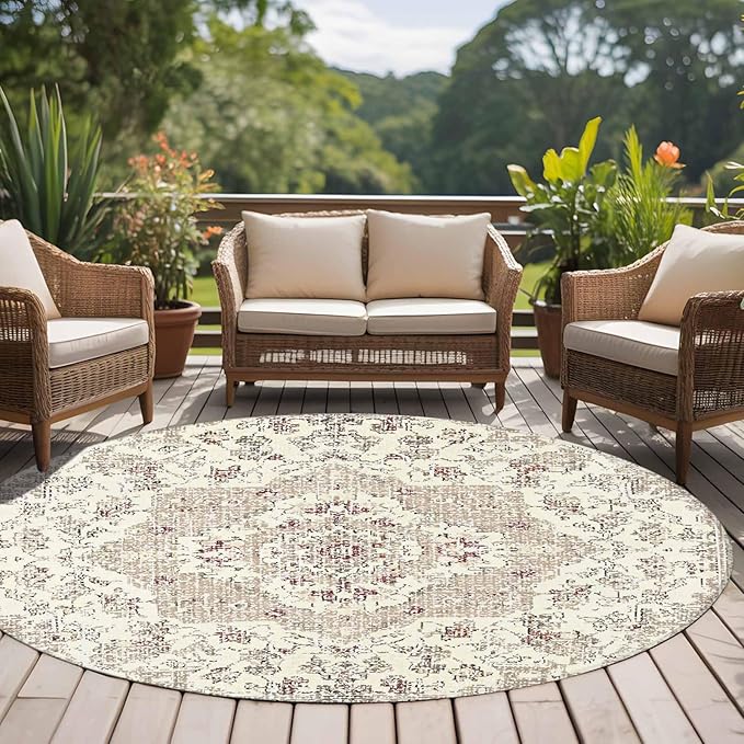 Beige Boho 6ft Round Rug, Vintage Ethnic Floral Non-Skid Rubber Backing Large Area Rugs - Living Room Bedroom Home Office, Abstract Art Geometric Indoor Floor Mat Carpets Washable Rug