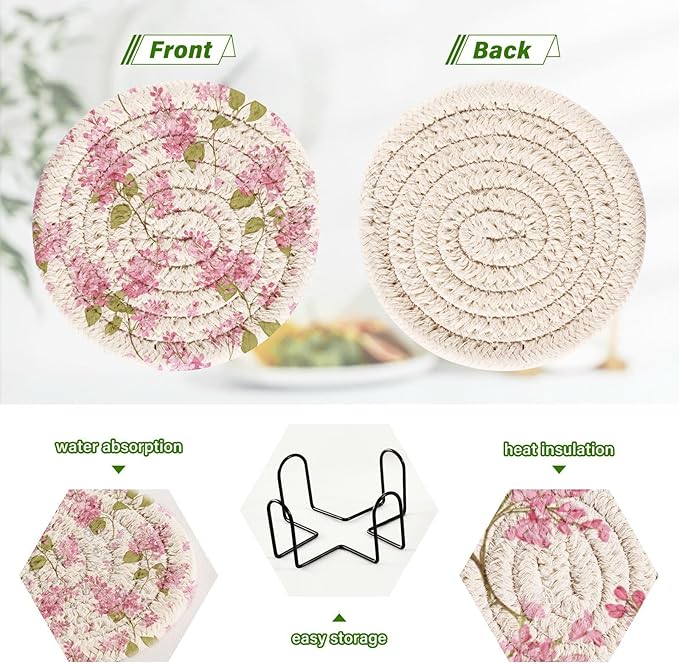Bar Coasters for Drink Pink Flower Green Leaves Coaster Set with Metal Holder Cotton Woven Floral Set of 6 Coaster for Coffee Table, Bistro Tabletop, Home Decor, Kitchen,Housewarming