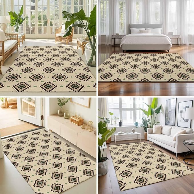 Area Rug 8x10ft, Boho Tribal Diamond Pattern Washable Rugs for Living Room Bedroom, Ethnic Style Art Soft Non-Slip Area Rugs Rectangle Floor Carpet for Dining Room