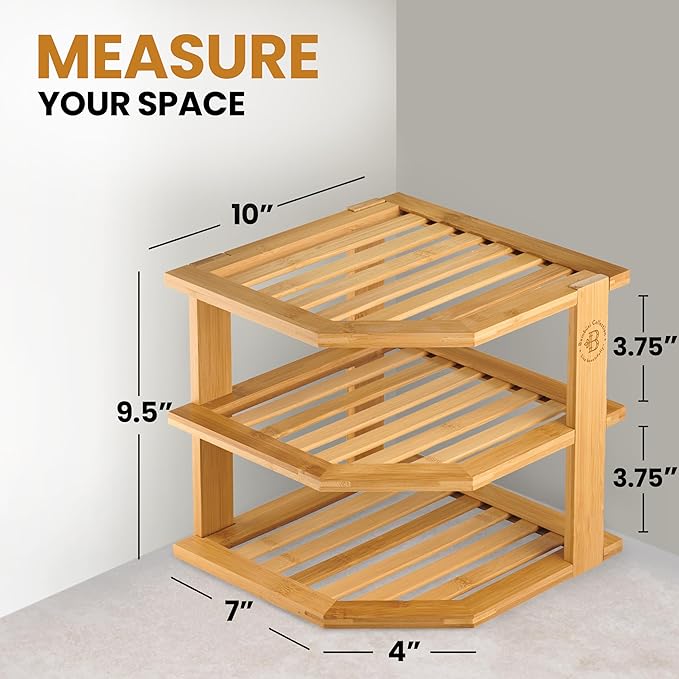 Plate Organizer for Cabinet - 3 Tier Bamboo Corner Shelf Cabinet Organizer for Plates, Bowls, Mugs and Pantry Storage, Space Saving Countertop and Cabinet Corner Shelf, 10 x 10 x 9.5 Inch, Bambusi