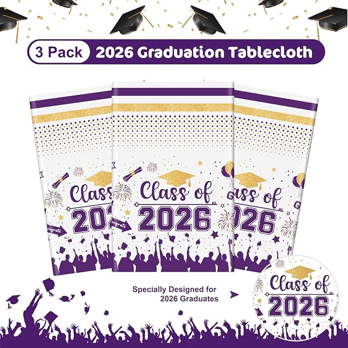Graduation Decorations Class of 2026 Tablecloth - 3 Pcs Plastic Congrats Grad Table Cloth, Graduation Table Cover for Graduations Party Decorations 2026 and Party Supplies, 54"x108" (Purple and Gold)