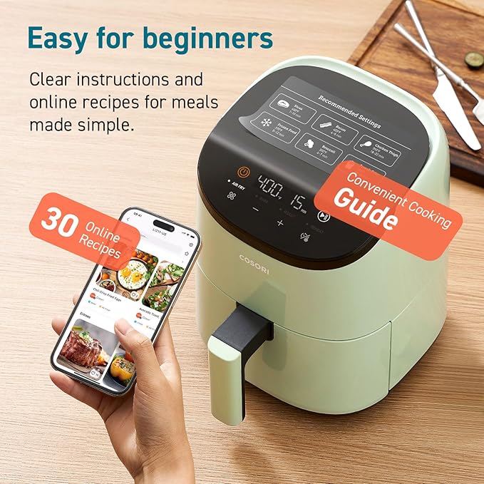 Cosori Air Fryer 2.1 Qt, 4-in-1 Small Mini Airfryer, Bake, Roast, Reheat, 97% Less Oil, Compact & Quiet, Nonstick & Dishwasher Safe Basket, 30 In-App Recipes with Nutrition Facts, Auto-Shut Off, Green
