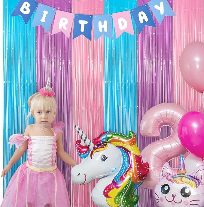 Blue Purple Pink Tinsel Backdrop - GREATRIL Pastel Foil Fringe Curtain Streamers for Pony Theme Birthday Mermaid Shower Unicorn Girls Party Decorations 2 Packs