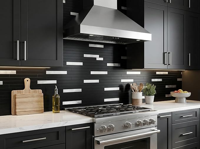 Yipscazo 1 Sheet Peel and Stick Stone Metal Tile Backsplash, Stick on Tiles for Backsplash Kitchen, Bathroom, Laundry Room, Camper, Fireplace (12'' X 12'', Polished Pure Black)