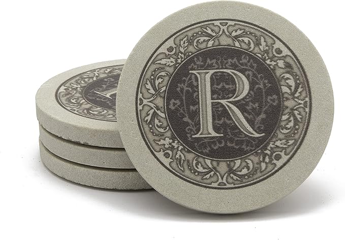 Thirstystone Monogram Letter R Absorbent Sandstone Coaster 4-Pack Made in The USA Decorative, Absorbent, Easily Wipes Clean