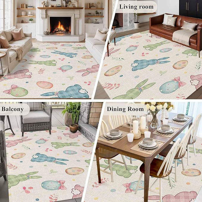 Area Rug 6x9ft, Happy Easter Cute Plaid Bunny Washable Rugs for Living Room Bedroom, Colorful Egg Leaves Farm Linen Soft Non-Slip Area Rugs Rectangle Floor Carpet for Dining Room
