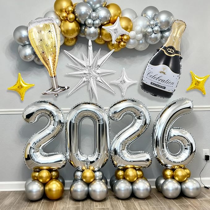 Silver 2026 Balloons, 40 Inch Number 2026 Silver Foil Balloons, Gold Silver Star Balloon Champagne Bottle Glass Balloon for Happy New Years Eve Party Supplies 2026 Class of 2026 Graduation Decorations