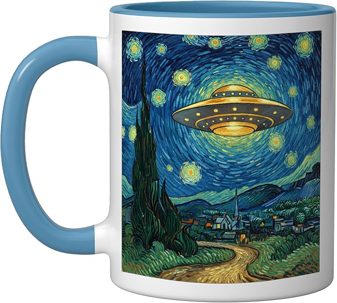 Ufo Over Starry Night Van Gogh Style Sci Fi Saucer Art Ceramic Mug, Blue/White