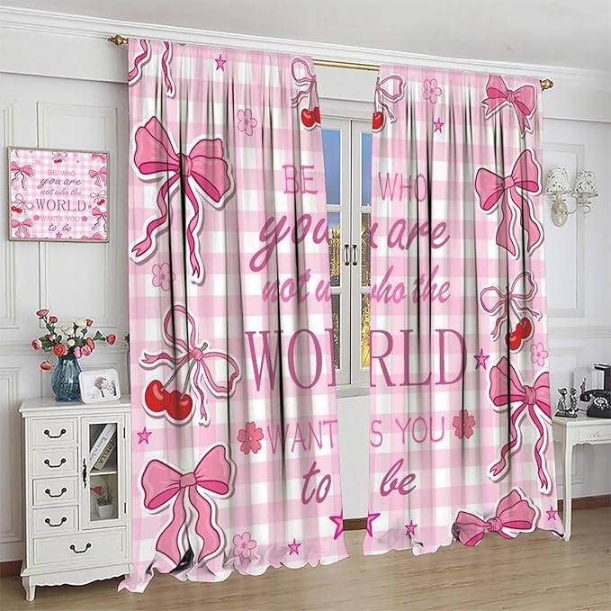 Pink Bow Blackout Curtain,Girls Modern Cherry Plaid Floral Star Abstract Window Curtains for Kitchen Bedroom Cafe Dining Room Office Living Room Drapes,42x63 in