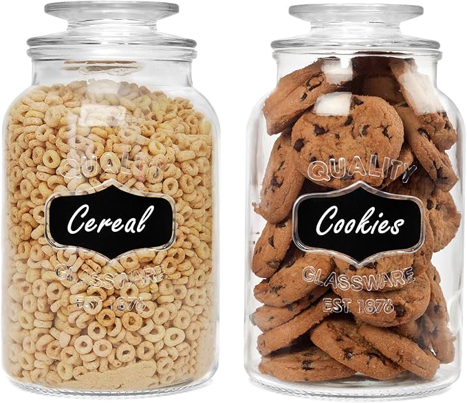 Estilo Round Glass Canister Jars with Airtight Lids Ideal for Cookies, Candies, Cereal - Cookie Jar - Includes Chalkboard Labels and Chalk - 1/2 Gallon (Set of 2), Clear